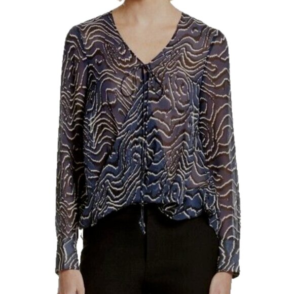 Derek Lam x 10 Crosby Sheer Silk Blouse Size 10 Medium Blue Black Top Crossover - Picture 1 of 6